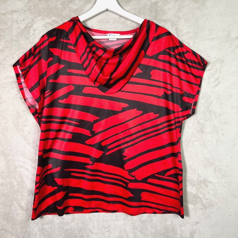 Vintage 80s Mardi Modes Red Black Abstract Print Blouse Size 40 Retro Top Artsy